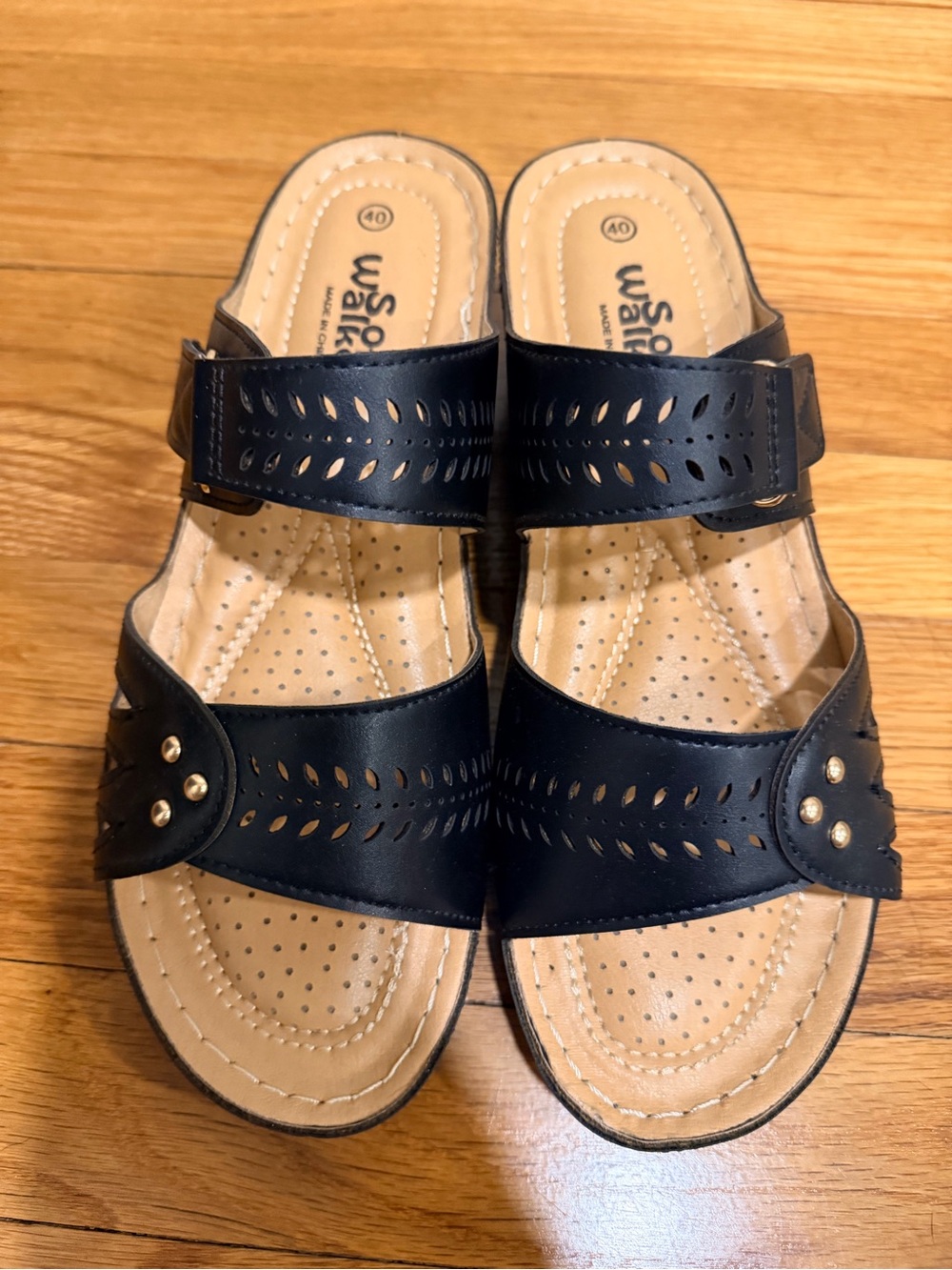 Sorel Black Leather Double-Strap Slide Sandals with Gold Studs